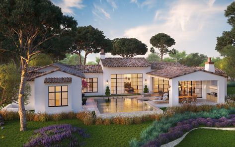 909 The Trails Pkwy - Lot 74 — Heyl Homes | Luxury Spec Homes Spanish Colonial Style Homes House Plans, 70s Ranch Style Homes, Florida Beach Houses, Heyl Homes, Modern Hacienda Style Homes, Hacienda Floor Plans, California Ranch Style Homes, Santa Barbara Style Homes, Minimalistic House