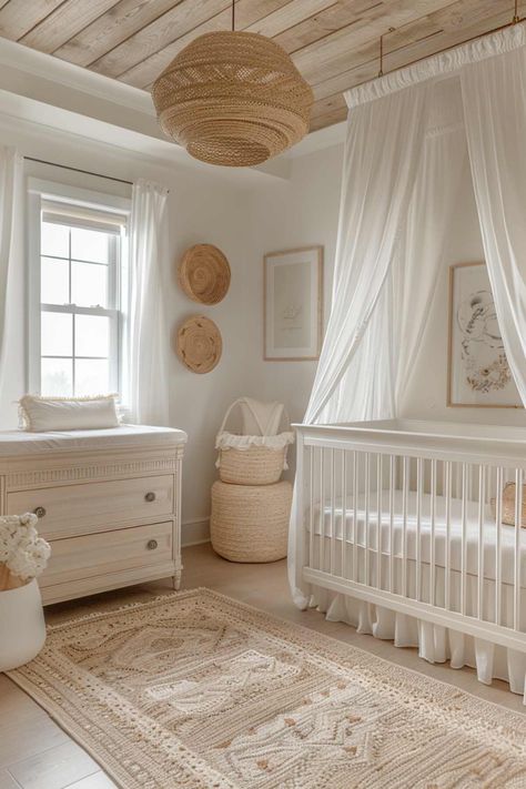 50 Simply Adorable Baby Girl Nursery Ideas You’ll Love! Unisex Baby Room, Boho Baby Girl Nursery, Cozy Baby Room, Baby Polo, White Crib, Baby Room Neutral, Baby Room Themes, Boho Baby Girl, Bg Design