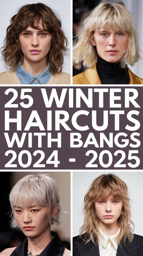 Short haircuts with bangs are trending in 2024 - 2025 for women who want a bold and fresh look. A short shaggy cut with wavy bangs adds texture and is easy to style. For a more polished approach, a short blonde bob with straight bangs creates a modern, chic appearance. Pair this style with bold highlights or a deep side part for added flair. Shaggy Lob With Side Bangs, Ash Blonde Bob With Bangs, Short Wavy Hair With Side Bangs, Short Haircut 2024 Trends Women, Platinum Blonde Lob, 2024 Bangs, Hair For Winter, Blonde Bob With Fringe, Winter Haircut