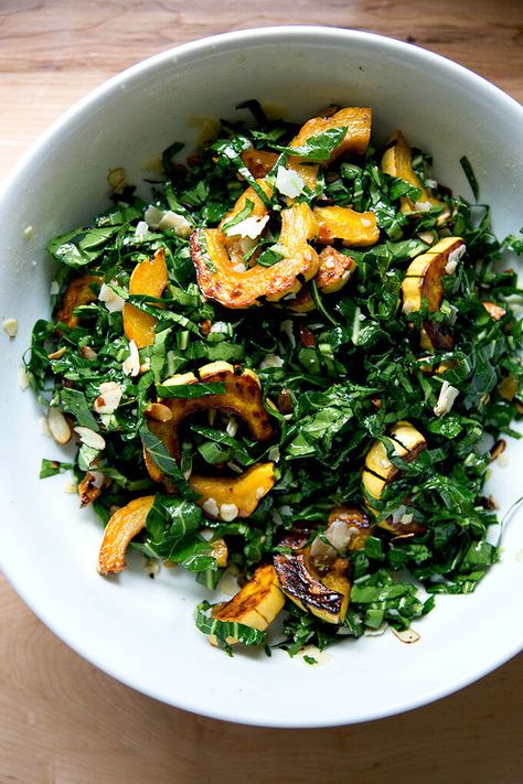 Raw Collard Greens Salad with Delicata Squash | Alexandra's Kitchen Collard Green Salad, Delicata Squash Salad, Collard Greens Salad, Roasted Delicata Squash, Collard Greens Recipe, Collard Green, Greens Salad, Roasted Garlic Cloves, Squash Salad