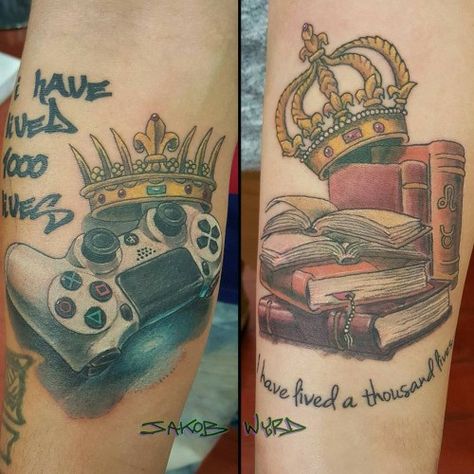 Gamer Couple Tattoos, Lived A Thousand Lives Tattoo, I Have Lived A Thousand Lives Tattoo, Matching Couples Tattoos, Baking Tattoo, Couple Tattoos Love, Gamer Couple, Gamer Tattoos, Couples Tattoos