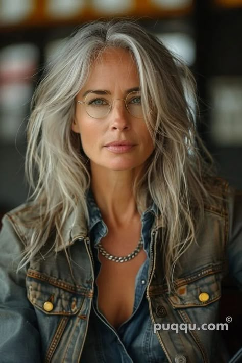 Bo Derek Hair, Long Salt And Pepper Hair Over 50, Middle Aged Woman Aesthetic, Glasses Blonde Hair, Silver Haired Beauties, Gorgeous Gray Hair, Grey Hair Inspiration, Beautiful Gray Hair, Grey Hair Styles For Women