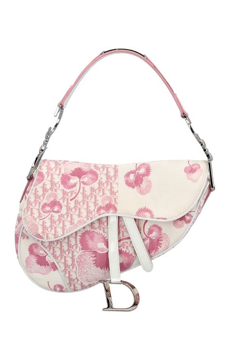 Christian Dior shoulder bag "Saddle bag". Textile and patent leather in white with pink diorrissima. Hardware in silver. Classic model. Dior Saddle Bag Silver Hardware, Vintage Dior Bag Pink, Dior Pink Saddle Bag, Unique Designer Bags, Vintage Dior Saddle Bag, Vintage Luxury Bags, Dior Pink Bag, Dior Bag Saddle, Pink Dior Bag