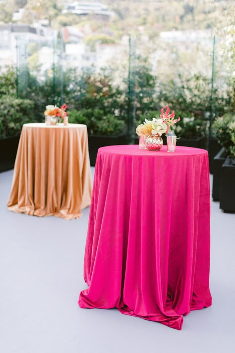 Cocktail Table Decor, Cocktail Hour Decor, Orange Wedding Themes, High Tables, Pink Tablecloth, Garden Cake, Beach Wedding Centerpieces, Orange Wedding Flowers, Cocktail Hour Wedding