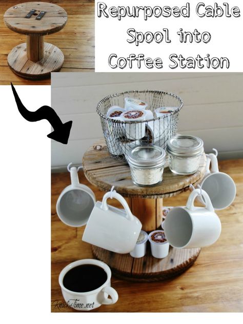 Create a unique coffee station out of a repurposed small wooden cable spool - Tutorial by Knickof Time for My Repurposed Life Wooden Cable Spools, Wooden Spool Projects, Spool Ideas, Spool Furniture, Cable Spool, Spool Crafts, Cable Reel, Wooden Spools, Coffee Corner