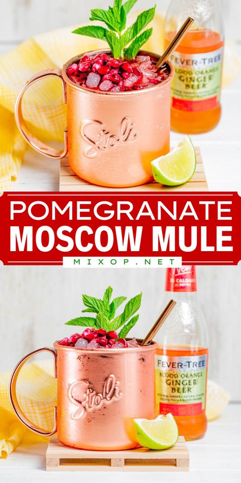 This Pomegranate Moscow Mule is a spin on the classic! With a vibrant color and a spicy touch, it's an alcoholic Christmas drink no one will be able to resist. Check out some variations you can try for a New Year cocktail recipe! Mules Drinks Cocktail Recipes, Prickly Pear Moscow Mule, Mango Moscow Mule Recipe, Italian Mule Cocktail, Pomegranate Alcoholic Drinks, Holiday Moscow Mule Recipe, Moscow Mule Mocktail Recipe, New Years Mixed Drinks, Pomegranate Drink Recipes