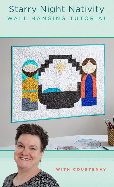 Save this Starry Night Nativity Wall Hanging Christmas Decor Tutorial! All is calm, all is bright. Learn how to piece a beautiful nativity quilt of a starry night scene with our Missouri Star quilting extraordinaire, Courtenay Hughes! Nativity Quilt, Hanging Christmas Decor, Nativity Ideas, Missouri Star Quilt Company Tutorials, Wall Hanging Christmas, Missouri Quilt, Sew Kind Of Wonderful, All Is Bright, Cake Quilt