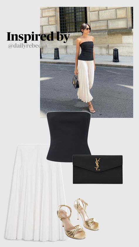 Summer outfit inspired by white pleated skirt golden strappy heels ysl pouch #ysl #summer Golden Heels Outfit, Ysl Pouch, Golden Heels, White Pleated Skirt, Spring Inspo, Outfit Inspired, Heels Outfits, Athleisure Outfits, Strappy Heels