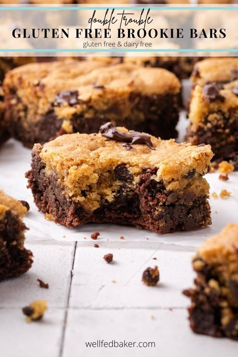 Chocolate chip cookies meet fudgy brownies in these gluten free & dairy free brookie bars. Gluten Free Cookie Brownie Bars, Gluten Free Brookies Recipe, Gluten Free Brookies, Gluten Free Chocolate Chip Cookie Bars, 2023 Desserts, Gluten Free Bars Recipes, Brookie Bars, Gluten Free Baked Goods, Gluten Free Cookie Bars