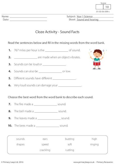 PrimaryLeap.co.uk - Cloze Activity - Sound Facts Worksheet Sound Worksheets Science, Cloze Activity, Sound Science, Reading Comprehension Lessons, Kids Science, Primary Resources, Sound Wave, Notebook Ideas, Word Bank