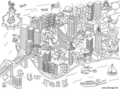 Coloriage ville de New York à imprimer Bedroom Coloring Pages, Book Pages Printable, Pretty City, Cartoon Coloring, Streets Of New York, New York Aesthetic, Line Drawings, Cartoon Coloring Pages, 101 Dalmatians