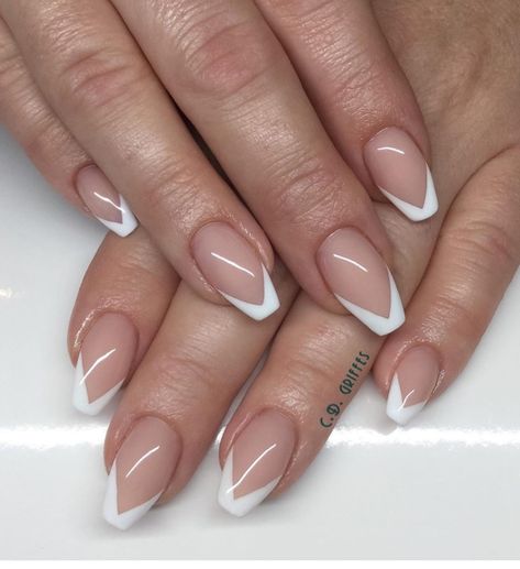 French Dip Designs Nails, French Tip Angled Nails, Sideways French Nails, Modern French Tip Acrylic Nails, French Nails Variations, Sqovalnails French, Tapered French Tip Nails, White Tip Dip Powder Nails, French Nails Triangle