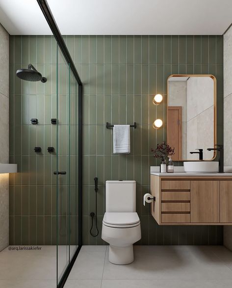 Green Tile Bathroom, Bilik Air, Bathroom Redesign, Small Bathroom Ideas Modern, Bathroom Design Inspiration, Bathroom Design Decor, Bathroom Inspiration Decor, Green Bathroom, Bathroom Renos