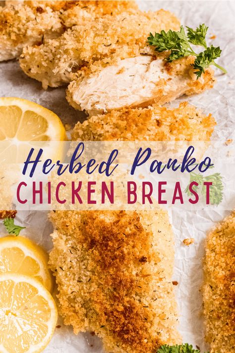 Crispy Baked Panko Chicken is juicy, tender, crispy, and a perfect dinner recipe! This chicken recipe is seriously easy to make -- no dredging, eggs, or flour are required! Try out this baked chicken recipe for a healthy dinner idea tonight! Panko Chicken No Egg, Baked Chicken Panko Recipes, Chicken Panko Recipes Baked, Oven Panko Chicken, Oven Crusted Chicken, Healthy Panko Crusted Chicken, Healthy Panko Chicken, Baked Chicken Panko, Crispy Baked Chicken Recipes