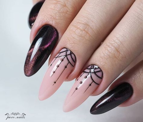 Almond Nail Art Designs, New Nail Colors, Almond Nail Art, Elegant Manicure, Black Nail Art, Almond Nail, Super Nails, Pink Nail, Bridal Nails