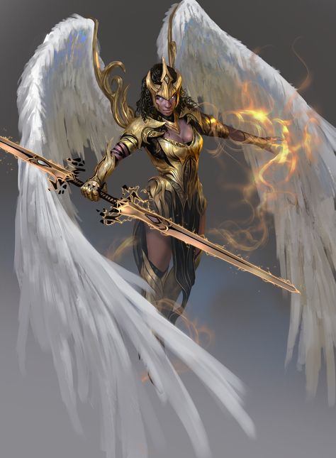 Armored Angel, Seraphim Angel, Female Armor, Angel Warrior, Warrior Girl, Fantasy Armor, Black Art Pictures, Fantasy Art Landscapes, Afro Art