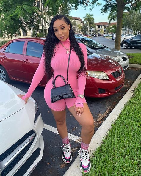 Dede Damati on Instagram: “This is how I feel,  I got your love attached to me 💕  Romper: @dreamwearbysu” Pink Romper, Long Sleeve And Shorts, Pink Rompers, Pink Sneakers, Givency Antigona Bag, Clean Home, Sporty Look, Swag Outfits, Pant Jumpsuit