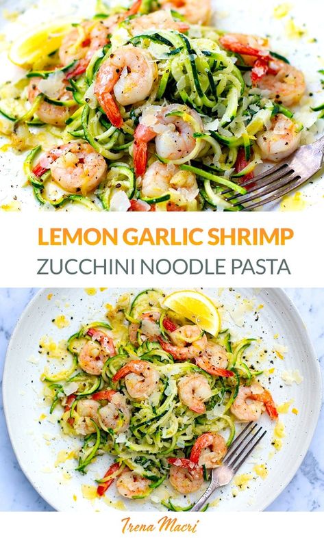 Learn how to make super easy lemon garlic shrimp zucchini pasta with just a handful of ingredients. This healthy shrimp scampi recipe uses zucchini noodles in place of spaghetti pasta and olive oil to make a delicious and healthy lunch or dinner that is low-carb and gluten-free. This recipe is for one generous serving and is easy to multiply as needed. via @irena_macri How To Make Zucchini Noodles, Healthy Shrimp Scampi Recipe, Shrimp Recipes Healthy Low Carb, Zucchini Noodle Recipes Healthy, Shrimp Zucchini Pasta, Healthy Shrimp Scampi, Shrimp Zucchini Noodles, Dinner Shrimp, Shrimp Zucchini