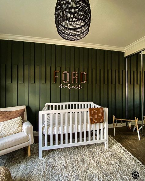 This moody, green nursery  is SO gorgeous.  📸: @thealliewhite_ Boy Nursery Green Accent Wall, 2023 Nursery Trends, Green Nursery Boy, Nursery Accents, Nursery Accent Wall, Nursery Decor Inspiration, Nursery Trends, Baby Boy Room Decor, Nursery Room Design