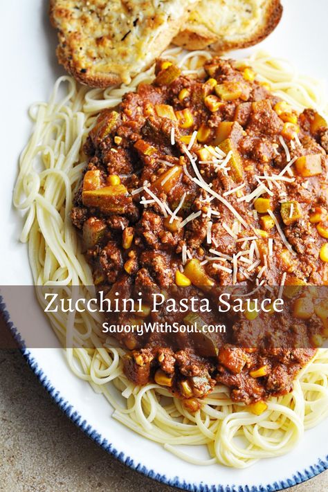 This zucchini pasta sauce with meat is such a hearty, flavorful meat sauce that includes zucchini and corn for extra flavor and nutrition.  #savorywithsoul #zucchinirecipes #zucchinipastasauce #zucchinimeatsauce #zucchinispaghettisauce #pastasaucerecipes #meatsauce Crock Pot Goulash, Slow Cooker Goulash Recipes, Slow Cooker Goulash, Ground Beef Zucchini, Zucchini Pasta Sauce, Beef Zucchini, Zucchini Pasta Recipes, Zucchini Spaghetti, Meat Sauce Recipes