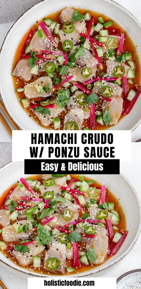 This flavourful hamachi crudo with a bright citrusy dressing looks fancy, but is so easy to prepare. Fish Machboos Recipe, Hawawshi Recipe, Hamachi Crudo Plating, Salmon Crudo Recipes, Kimchi Fish, Hamachi Crudo, Recipes With Fish Sauce, Gluten Free Appetizers, Gluten Free Dishes