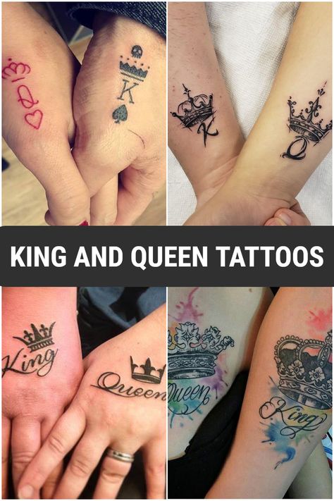 KING AND QUEEN TATTOOS Couple Tattoos King And Queen Crowns, Couples Tattoo Designs King And Queen, King An Queen Tattoos, His Queen Tattoo Ideas, Crown Couples Tattoos, King Queen Hand Tattoo, King And Queen Tattoo On Hand, King Crown With Initial Tattoo, King And Queen Crown Tattoo For Couples