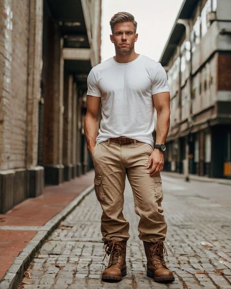 Guy Outfit, Brown Boots Outfit, Brown Combat Boots, White Shirt Men, Stylish Mens Outfits, Pants White, Fashion Portrait, White Tee, Boots Outfit