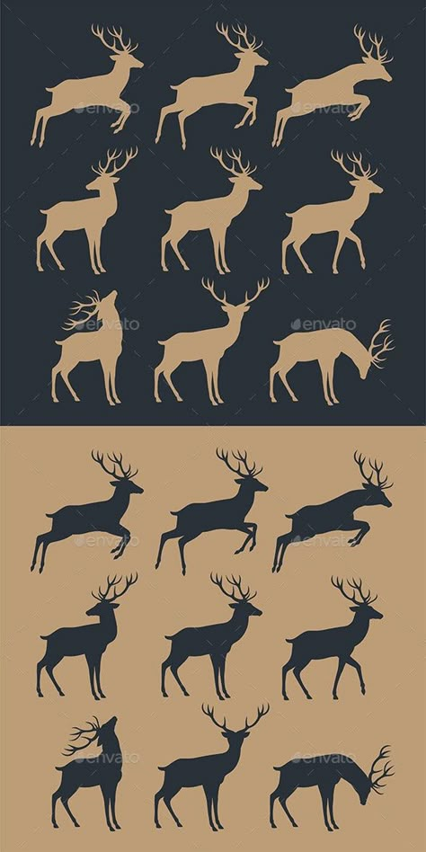 Reindeer Silhouette Templates, Deer Silhouette Tattoo, Cool Silhouette Art, Deer Template, Buck Silhouette, Hirsch Silhouette, Deer Vector, Deer Illustration, Deer Silhouette