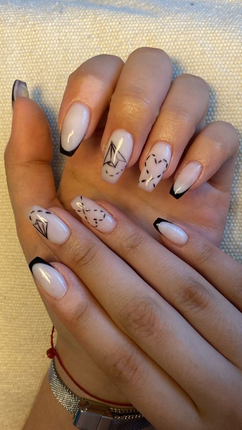 #frenchnails #milkynails #travel #nails #nailart #naildesign #plane #heart #blackandwhite Paris Nails Designs Nailart, Nail Designs Travel, Plane Nails Designs, Nail Designs For Europe Trip, Plane Nail Art, Paper Airplane Nails, Plane Nails Acrylic, New York Nails Designs Nyc, Tomboy Nails Ideas