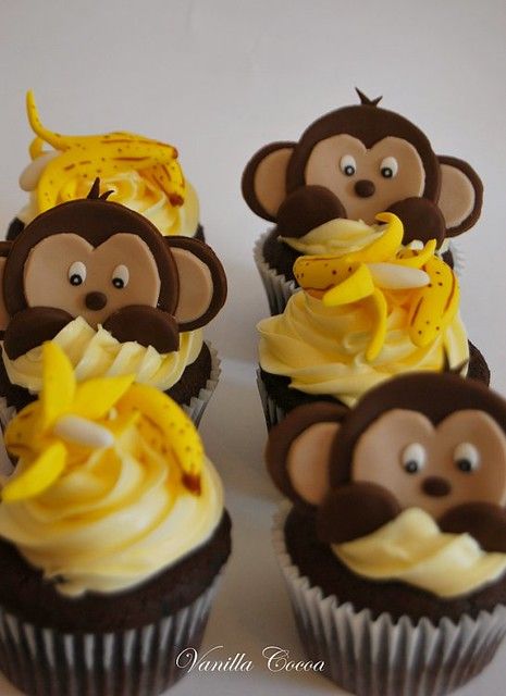 Monkey and Banana cupcakes | these little cupcake toppers ar… | Flickr Zoo Cupcakes, Baby Shower Monkey Theme, Monkey Cupcakes, Monkey Birthday Parties, Mocha Cupcakes, Jungle Thema, Monkey Cake, Monkey Baby Shower, Monkey And Banana