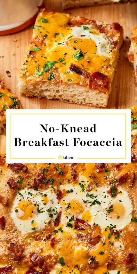 Breakfast Focaccia, Brunch For A Crowd, Focaccia Bread Recipe, Breakfast For A Crowd, Focaccia Recipe, Focaccia Bread, Easy Brunch, No Knead, Crumbled Bacon