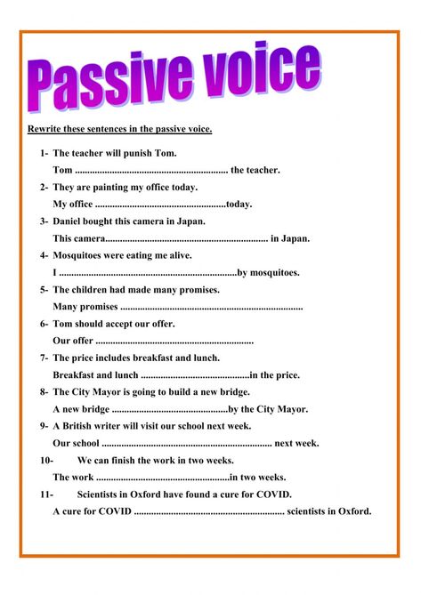 Passive voice online worksheet for Intermediate. You can do the exercises online or download the worksheet as pdf. Active To Passive Exercises, Passive Voice Worksheet With Answers, Active Passive Voice Worksheets, Passive Voice Exercises, Passive Sentences, Passive Voice Worksheet, Tenses Worksheet, Paragraph Worksheets, Articulation Worksheets