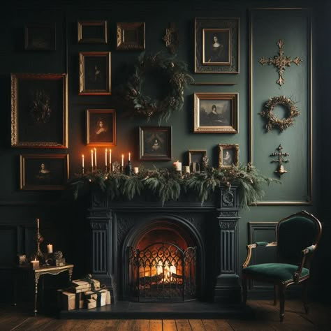 Dark Moody living room with green walls and festive mantle Green Victorian Living Room Ideas, Dark Academia Maximalist Living Room, Charleston Green Living Room, Dark Moody Farmhouse Living Room, Living Room Moody Vintage, Dark Green Grey Aesthetic, Dark Green Gothic Living Room, Organic Moody Decor, Green Antique Living Room