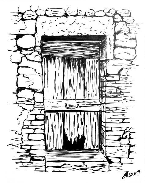 Abandoned Drawing Art, Abandoned Building Drawing, Door Illustration Drawings, Old Door Drawing, Serbia Drawing, Old Building Drawing, Drawing Mythical Creatures, Windows Sketch, Window Sketch