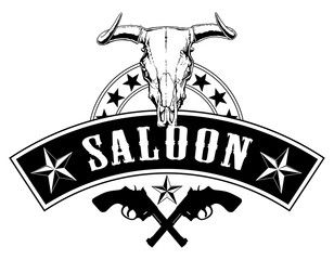 Western Saloon Design is an illustration of a design in the style of the old west in the United States that could be used as a saloon sign. Includes crossed pistols, stars, and a bull skull. Saloon Sign, Western Saloon, Wild West Party, Wallpaper Earth, Custom Tee Shirts, Cute Patches, Cowboy Art, Bull Skull, Bull Skulls