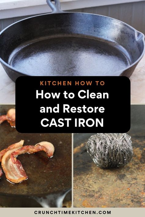 How to clean and reseason an old cast iron skillet. It can be brought back to life really easily with a few hours of basic work! crunchtimekitchen.com #castiron #castironskillets #cleaningcastiron #kitchen #cleaningskillets Clean Rusty Cast Iron Skillet, How To Clean Old Cast Iron Skillet, How To Clean Cast Iron Skillet After Use, Cleaning Iron Skillet, Reseason Cast Iron Skillet, Clean Cast Iron Pan, Cleaning Rusty Cast Iron, Reseason Cast Iron, Cleaning Cast Iron