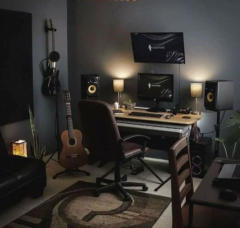 guitar room Guitar Room Decor, Room Aesthetic Grunge, Bedroom Music Studio, Room Aesthetic Dark, The Dark Aesthetic, Piano Room Decor, Setup Inspiration, Home Recording Studio Setup, Tech Room