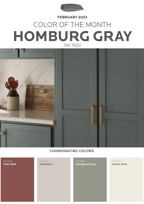 February 2023 Sherwin-Williams Color of the Month: Homburg Gray – Renew Painting LLC Kitchen Cabinets Painted Evergreen Fog, Sw Homburg Gray Cabinets, Sw 9130 Evergreen Fog, Sw Forged Steel Paint, Sw Homburg Gray Exterior Paint, Greek Villa And Evergreen Fog, Sherwin Williams Toile Red, Sw Evergreen Fog Coordinating Colors, Evergreen Fog And Greek Villa