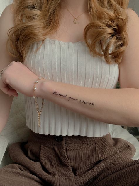 Delicate
Minimalistic 
Dainty
Tattoo 
Word tattoo Tattoos Self Worth, Positive Tattoos For Women Inspirational Quotes, Tattoo Affirmations, Tattoos For Confidence, Worth Tattoo, Confident Tattoo Ideas, Self Confidence Tattoo For Women, Be Positive Tattoo, I Am Art Tattoo