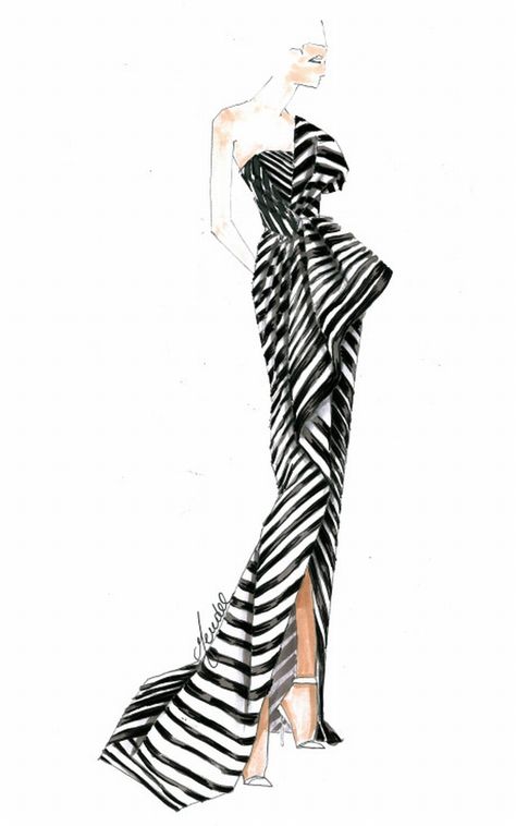 Here is a sketch of the gorgeous one-shoulder black and white striped floor-length J. Mendel gown supermodel Chanel Iman wore to attend the 2013 Met Gala. #Chanel Iman #J. Mendel #2013 Met Gala #Red Carpet #Evening Gown #Striped #Black and White #One-Shoulder #Floor-length #Women's Fashion #Drawing Chanel Iman, Fashion Sketches Dresses, Sketches Dresses, Fashion Sketchbook, Fashion Illustration Sketches, Illustration Fashion Design, Fashion Art Illustration, Fashion Design Sketches, Fashion Illustrations