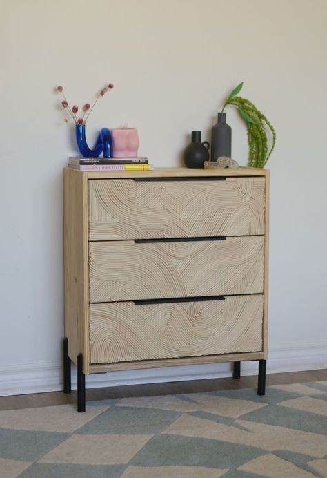 Pine dresser with black drawer pulls and legs Diy Chest Of Drawers Build, Rast Ikea, Diy Chest Of Drawers, Ikea Rast Makeover, Fluted Dresser, Vintage Suitcase Decor, Ikea Rast Dresser, Ikea Rast Hack, Ikea Makeover