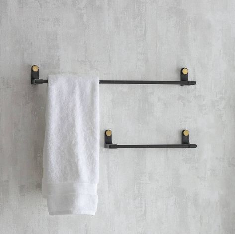 Black Steel Towel Racks In Small And Gold By Sophie MacBain | notonthehighstreet.com Black And Brass Bathroom, Chunky Furniture, Vintage Bathroom Accessories, Elegant Bathrooms, Black Towel Rail, Elegant Bathroom Design, Bathroom Accessories Design, Bathroom Basket Storage, Sophisticated Bathroom