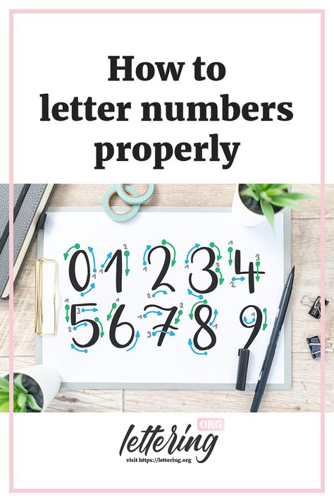 Lettering numbers: How to draw them properly (+ different Styles) Bujo Numbers Font, Brush Lettering Numbers, How To Write Numbers Fancy, Lettering Numbers Handwriting, Hand Lettering Fonts Numbers, Calligraphy Numbers Hand Drawn, 2024 Calligraphy Numbers, Hand Lettered Numbers, Bullet Journal Number Fonts