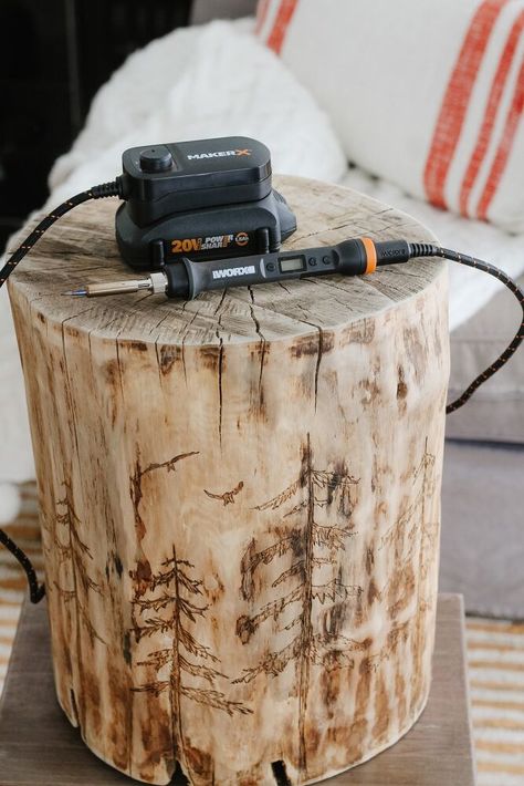 *This post was sponsored by Worx Tools. All opinions are my own. Today I want to show you how you can turn a simple log into a really awesome side table. I made this log side table for our living room and I think that it turned out so stylish. Plus it was super fun to make. Continue reading to see how to make your own log side table. Step 1. Find a Log If you have a wood pile then there's a good chance that you may already have the perfect log in your own backyard. But if not, you… Diy Wood Log Projects, Diy Wallpaper Headboard, Log End Tables, Log Side Table, Tree Stump Side Table, Log Coffee Table, Recovering Chairs, Log Projects, Wicker House