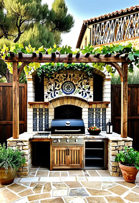 Embrace the Italian countryside with this Tuscan BBQ station. Stone elements and grapevines create a rustic charm, while warm lighting and herb-filled terracotta pots bring authentic Mediterranean warmth to your backyard. A perfect setup for memorable alfresco dining. #TuscanBBQ #StoneKitchen #MediterraneanStyle #BackyardElegance #OutdoorDining Italian Outdoor Kitchen, Grapevine Arbor, Bbq Station, Pizza Station, Stone Bbq, Kitchen Styling Modern, Kitchen Decor Signs, Small Kitchen Island, Inside Decor