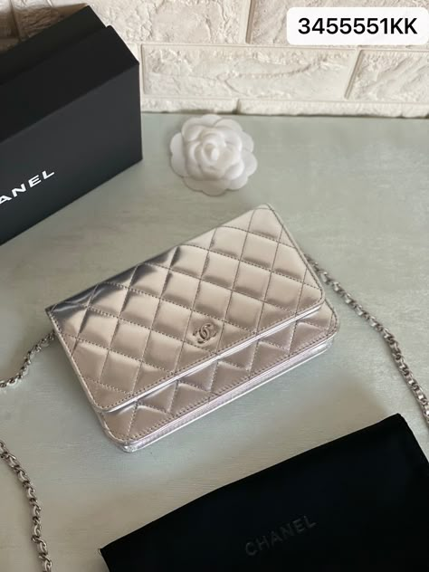 Chanel Wallet On Chain Silver, Chanel Metallic Bag, Chanel Silver Bag, Silver Bag Outfit Metallic, Silver Chanel Bag, Chanel Sling Bag, Ava Outfit, Chanel Chain Wallet, Hermes Clutch