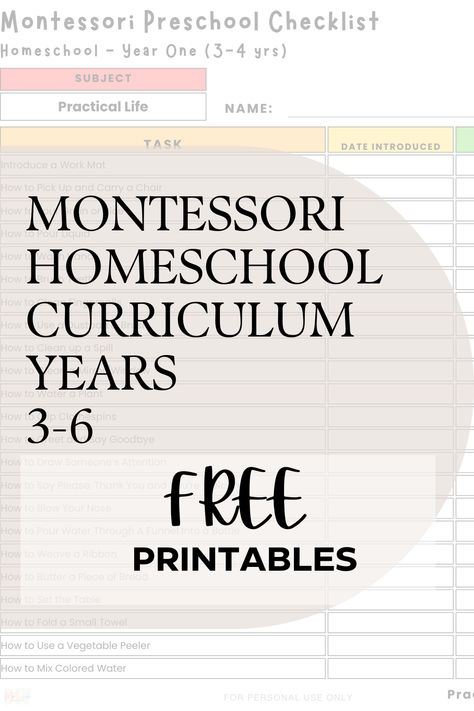 Montessori Preschool Homeschool Curriculum Free Printables Two Year Old Learning Curriculum, Montessori School Plan, Montessori Lesson Plan For 3-6 Yrs Old, Montessori Curriculum 3-6, Preschool Lessons Plans, Homeschool 3 Year, Montessori Preschool Curriculum, Diy Montessori Activities, Montessori Extensions