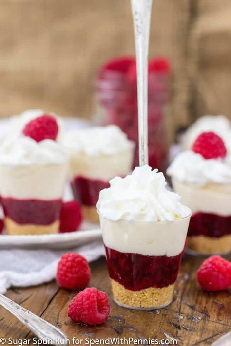 Cheesecake Dessert Shooters, Mini Desserts Shooters Recipes, Lemon Lush Dessert, Dessert Shooters Recipes, Raspberry Dessert, Shot Glass Desserts, Raspberry No Bake Cheesecake, Shooter Recipes, Dessert Cups Recipes