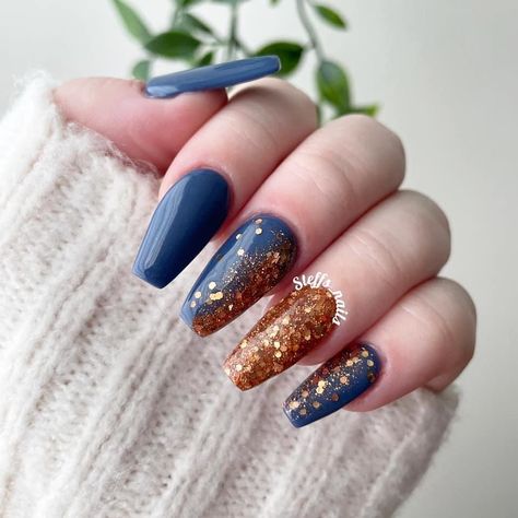 Blue And Yellow Fall Nails, Blue And Gold Fall Nails, Navy Blue And Copper Nails, Orange And Blue Nails Fall, Teal Orange Nails Fall, Teal And Orange Fall Nails, Copper Nails, Fall Nail Art Designs, Fall Gel Nails