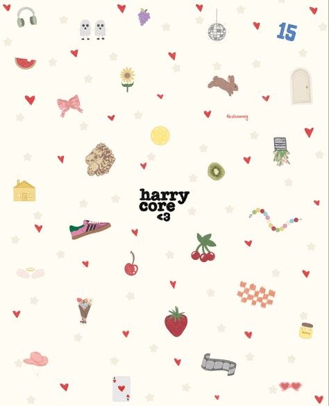 a poster with little doodles of things I relate to harry styles. including: a pink adidas gazelle, fruits, heart shaped glasses, red hearts, etc. Harry Styles Cartoon Wallpaper, Harry Styles Pumpkin Painting, Harry Styles Posters Aesthetic, Harry Styles Poster Aesthetic, Harry Styles Crafts, Harry Styles Core Aesthetic, Harry Styles Widget, Harry Styles Homescreen, Harry Styles Illustration